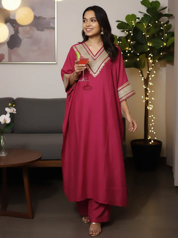 Zari Embroidered Lace Neck Flared Kaftan with Trouser