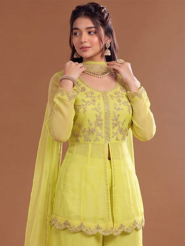Varanga Lime Green Embroidered Palazzos With Dupatta | Poly Georgette | Festive