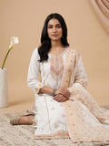 Varanga Women Elegant White 3-Piece Suit Set With Woven Kurta, Straight Pants, And A Rich Brocade Dupatta.