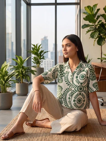 Green Coloured Short Sleeves Shirt Collar Top