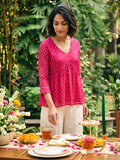 Women's Pink Bandhani Print Peplum Top With V-Neck And Gota Work Detailing