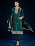 Graceful Green 3-Piece Set Featuring A Zari-Embroidered Kurta, Solid Ankle-Length Trousers, And An Elegant Embroidered Dupatta.