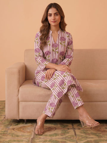 Lavender Floral Printed Cotton Kurta Set