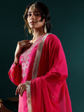 Varanga Women Fuchsia Pink Embroidered Straight Kurta With Bottom And Dupatta