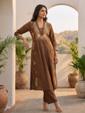 Floral Embroidered Brown Ethnic Kurta With Gathered Detailing