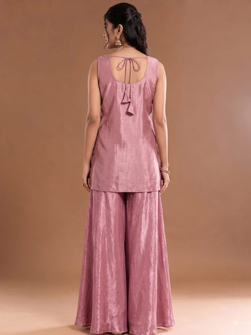 Mauve Embroidered Kurta Set Featuring Zari And Sequin Work With A Matching Flared Palazzo And Embellished Dupatta