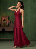 Women'S Wine-Red Jacquard Halter Neck Kurta And Palazzo Set For Festive Wear.