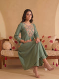 Women's Olive Green Mirror Embroidered Kurta Set with Cotton Dupatta