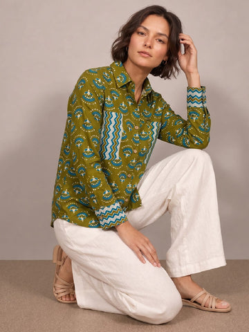Varanga A Stylish Loose Fit Olive Green Printed Cotton Shirt