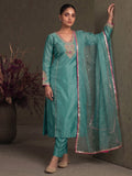 Teal Blue Silk-Blend Embroidered A-Line Kurta With Trousers