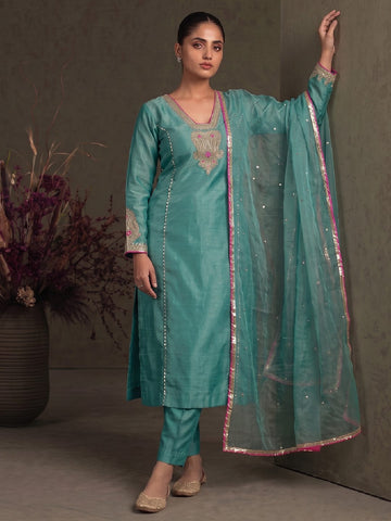 Teal Blue Silk-Blend Embroidered A-Line Kurta With Trousers