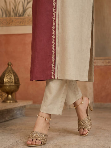 Maroon And Beige Colorblocked Kurta Set For Womens