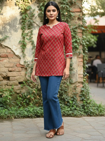 Varanga Ethnic Maroon Paisley Top with Notched V-Neckline
