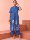 Women'S Blue Floral Embroidery Straight Kurta With Trousers Co-Ord Set