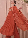 Rust Zari Embroidered Kurta Set With Trouser And Dupatta