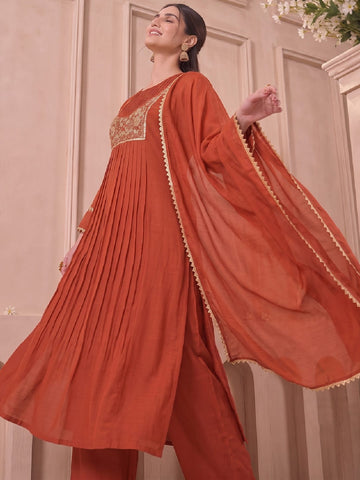 Rust Zari Embroidered Kurta Set With Trouser And Dupatta