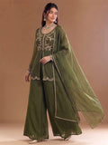 Varanga Green Embroidered Palazzos With Dupatta | Poly Georgette | Festive