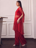 Ruby Red One-Shoulder Cape Co-Ord Set With Floral Lace Detailing