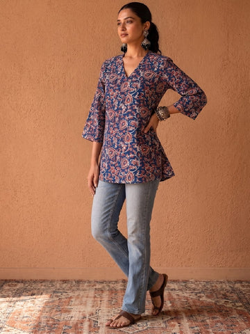 Women's Indigo & Rust Floral Block Print Kurta
