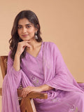 Lavender Mulmul Chanderi Kurta Set With Solid Trouser & Dupatta.