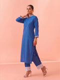 Indigo Blue Embroidered V-Neck Kurta With Polka Dot Detailed Trousers Set