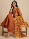 Rust Orange Embroidered Kurta Set With Metallic Striped Dupatta