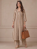 Women Brown Striped Shirt Collar Kurta Set