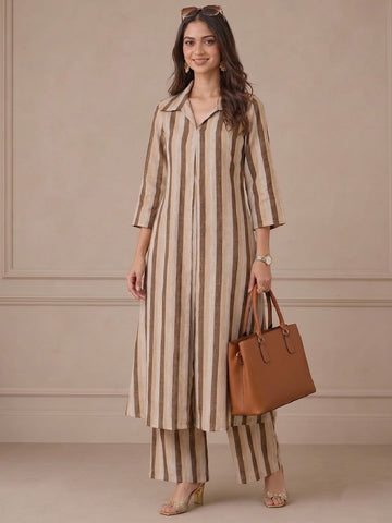 Women Brown Striped Shirt Collar Kurta Set