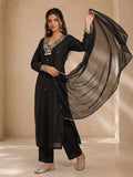 Black Mirror-Work Kurta Set With Trouser And Dupatta