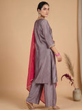 V Neck  Kurta With Lace Detailing, Paired With Solid Trousers And A Contrasting Fuchsia Dupatta.