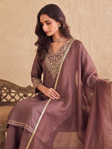 Brown Embroidered Kurta With Palazzo And Dupatta.