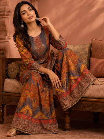 Ethnic Printed Kurta Set With Matching Palazzo And Dupatta