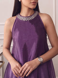 Ombere Purple Halter-Neck Co-Ord Set Featuring An Embellished Neckline And Flowy Wide-Leg Pants.