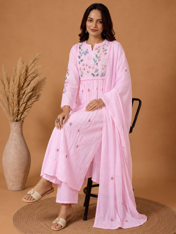 Varanga Women Floral Embroidered Empire Thread Work Pure Cotton Kurta with Trousers & With Dupatta