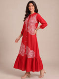 Crimson Red Embroidered Dress Featuring Bold Spiral Thread Work