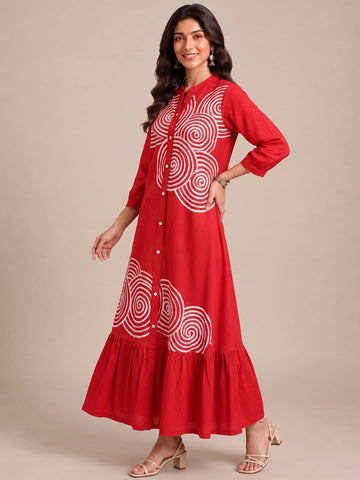 Crimson Red Embroidered Dress Featuring Bold Spiral Thread Work
