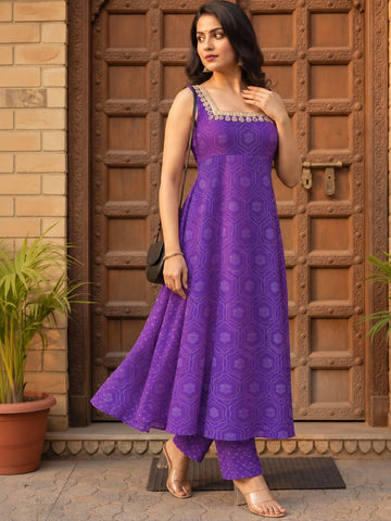 Varanga Women Ethnic Motifs Printed Regular Mirror Work Kurta with Trousers
