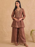 Embroidered Brown Kurta Set With Palazzo And Dupatta.