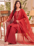 Rust Embroidered Kurta Set, Paired With Tonal Trousers And Dupatta.