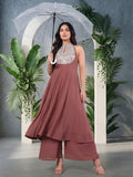 Varanga Women Nude Yoke Embroidered Sleeveless Flared Kurta With Trousers.