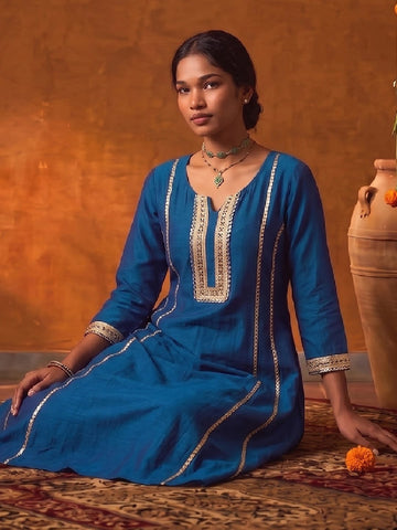 Royal Blue Mirror Work Kurta And Trouser Set With Dupatta