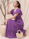 Women's Purple Ethnic Print Tiered Maxi Dress With Flutter Sleeves