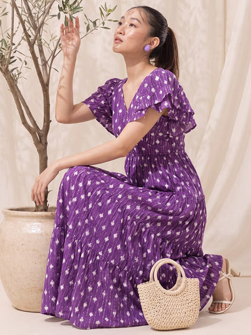 Women's Purple Ethnic Print Tiered Maxi Dress With Flutter Sleeves