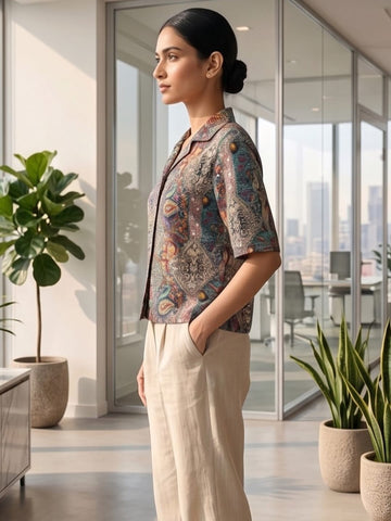 Multi Coloured Short Sleeves Shirt Collar Top