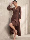 Brown Wrap Dress With A Flattering High-Low Silhouette .