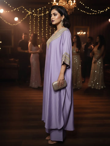 Zari Embroidered Lace Neck Flared Kaftan with Trouser