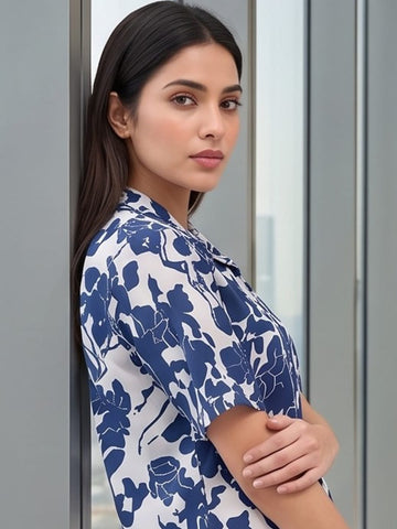 Blue Coloured Short Sleeves Shirt Collar Top