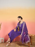 kurta set featuring a bead-embellished yoke, solid ankle-length trousers, and a brocade dupatta