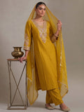 Mustard Straight-Fit Kurta With Embroidered Yoke, Paired With Solid Ankle-Length Trousers
