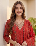Varanga Women Red Printed  V-Neck Embroidered Kurta With Bottom And Dupatta